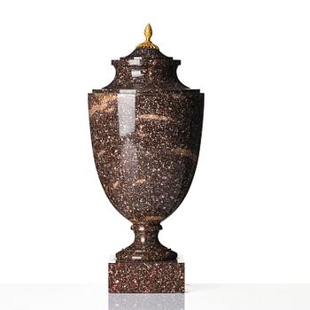 A late Gustavian ormolu-mounted 'Blyberg' porphyry urn, early 19th century.