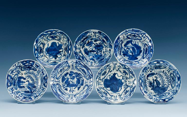 A set of seven blue and white dessert dishes, Ming dynasty, Wanli (1573-1613). (7).