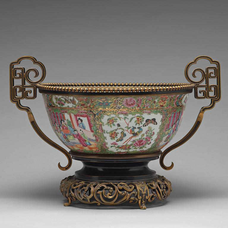 A large famille rose metal mounted Kanton punch bowl, Qing dynastin, 19th Century.