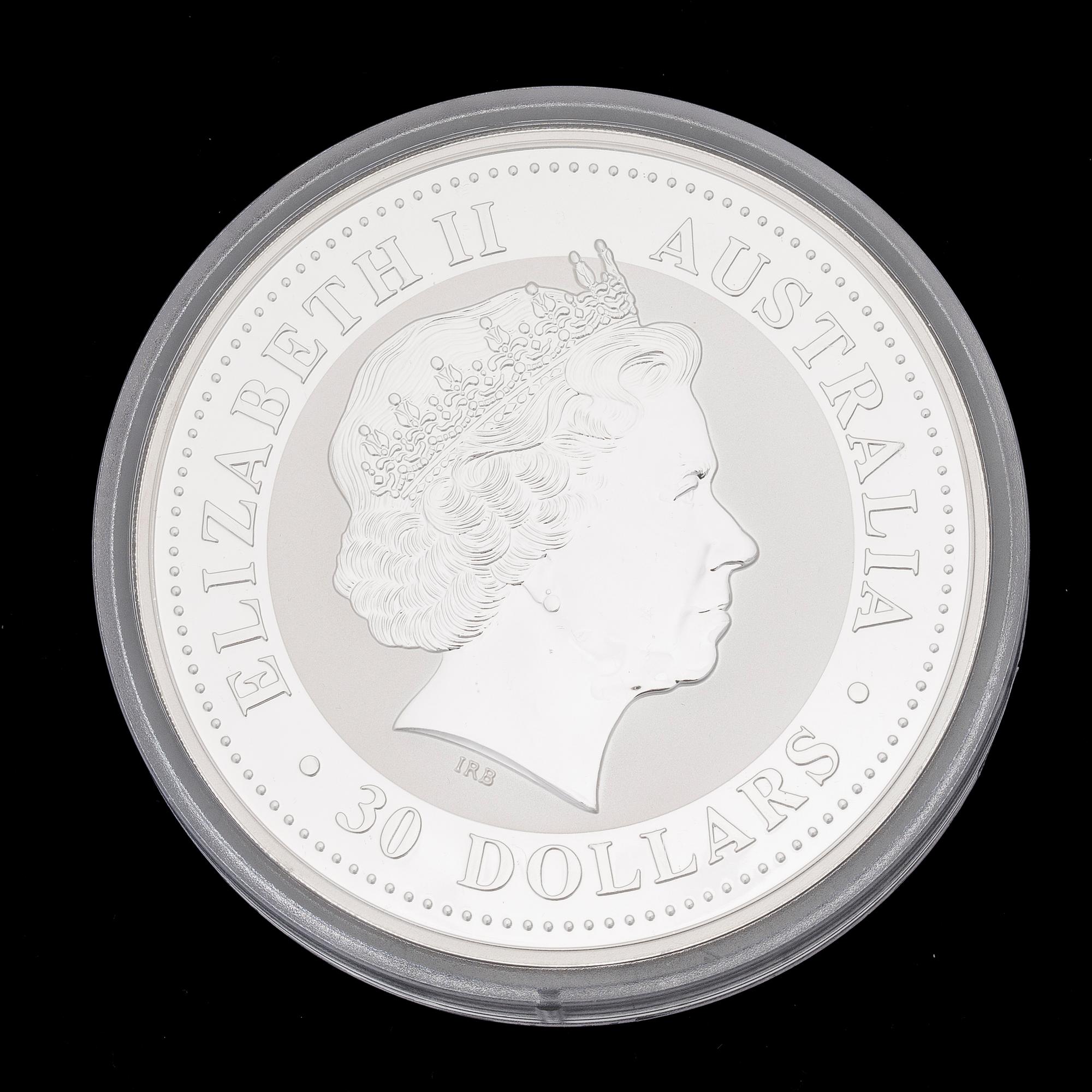 SILVERMYNT, 2004 1 kg Kookaburra-mynt, tillverkare Perth Mint, Australia, silverhalt 999.