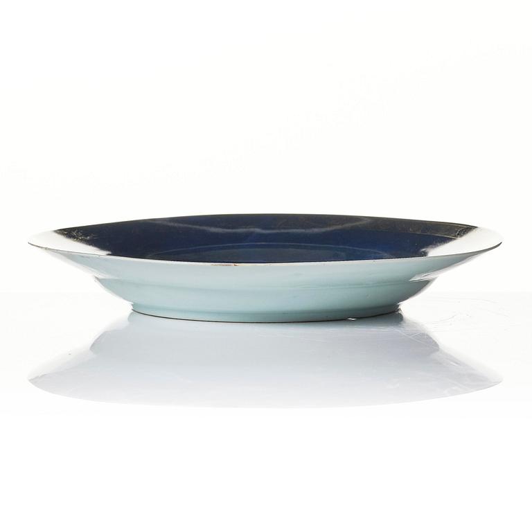 A powder blue basin and three plates, Qing dynasty, Qianlong (1736-95).