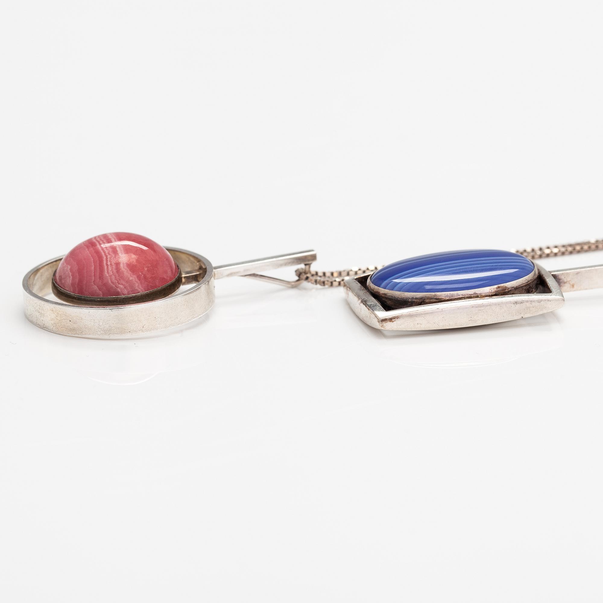Two sterling silver neckalces, one with a rhodochrosite and one with an agate. Denmark.