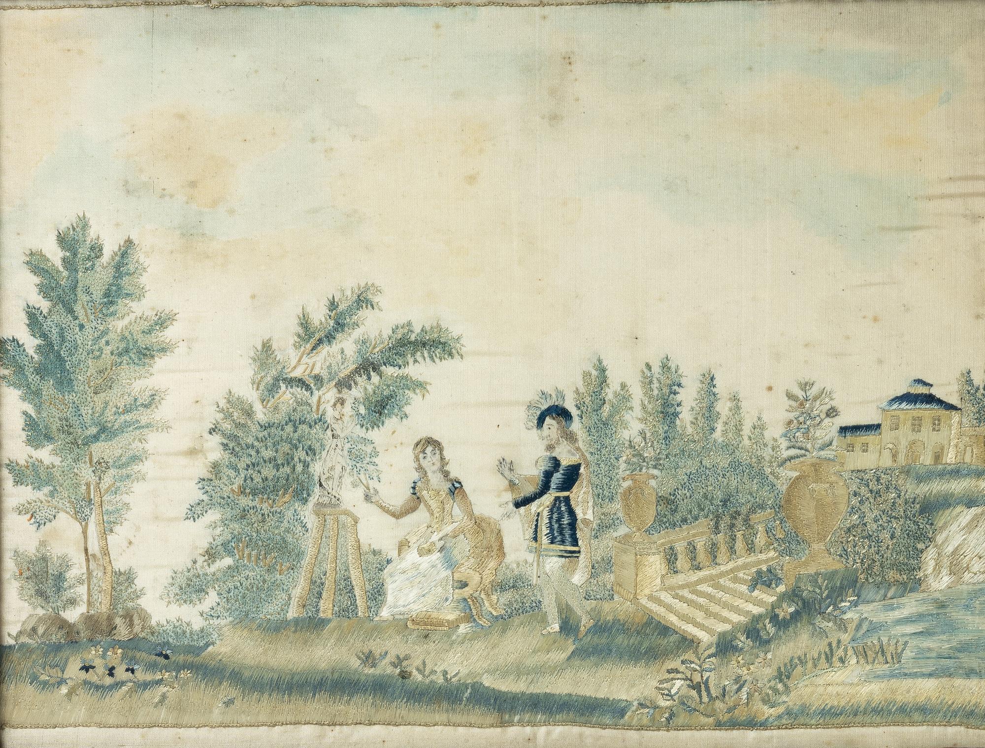 Side embroideries, 2 pcs, of which one is signed, Empire, early 19th century.