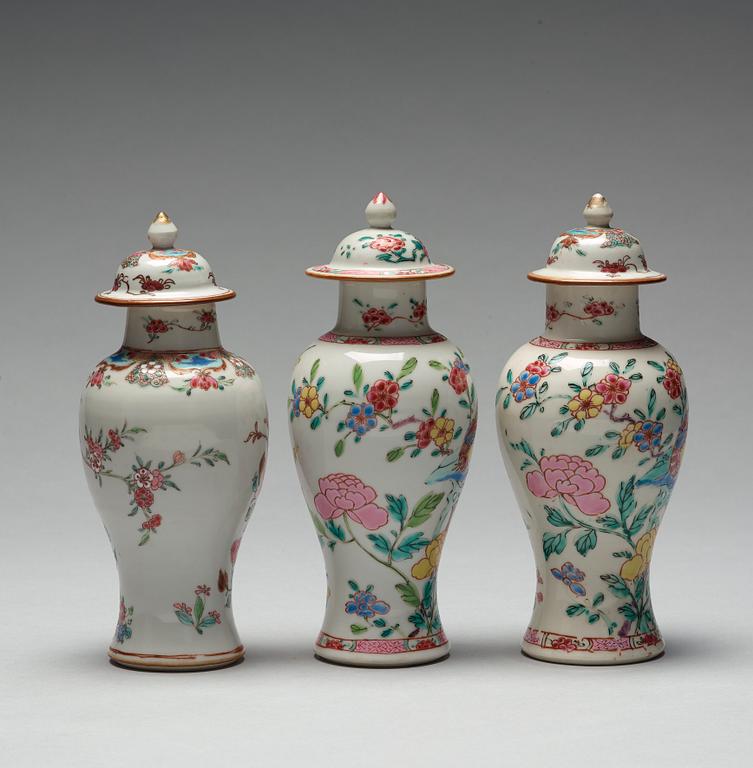 Three famille rose vases with covers, Qing dynasty, Qianlong (1736-95).