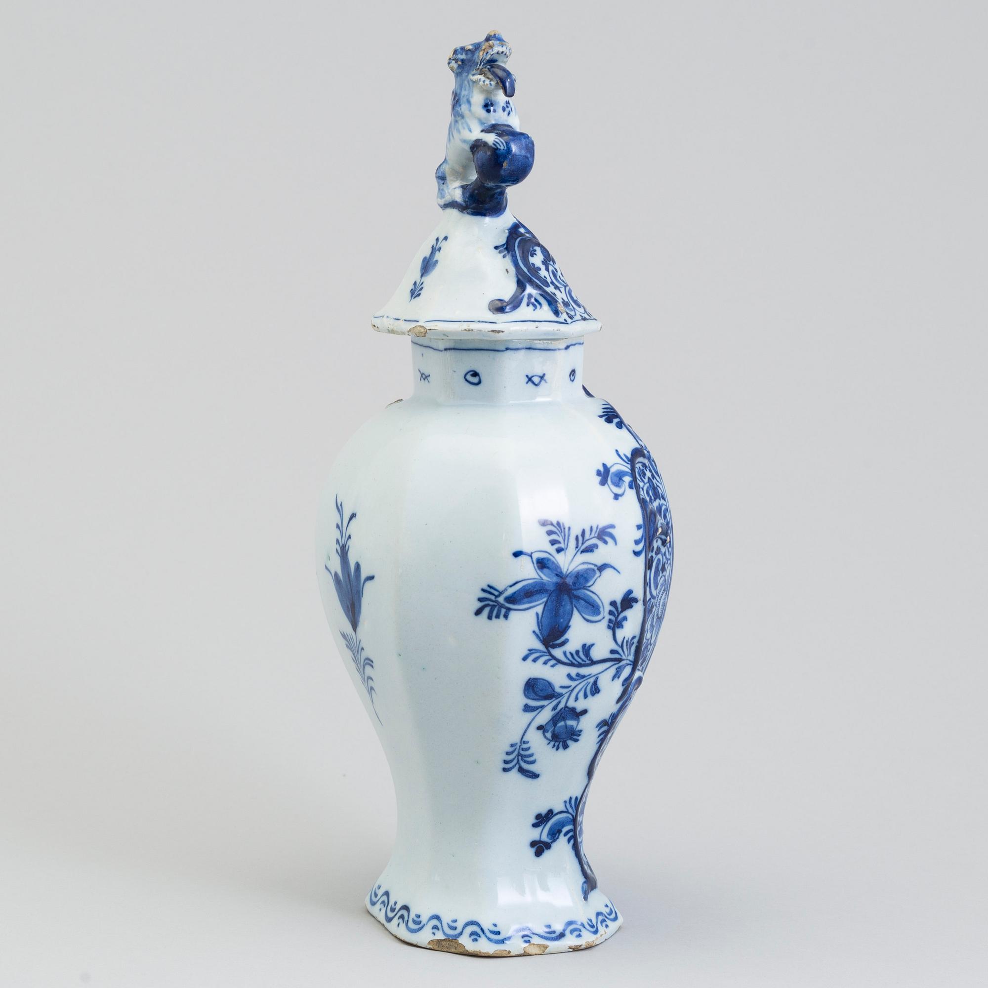 A lidded faience urn, Delft, The Netherlands, 18th century.