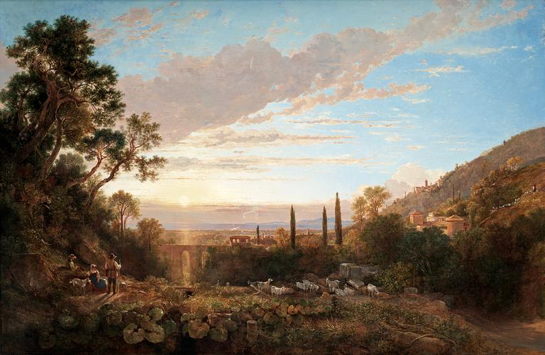 George Barret, Italian landscape with a shepherd's family in night fall.