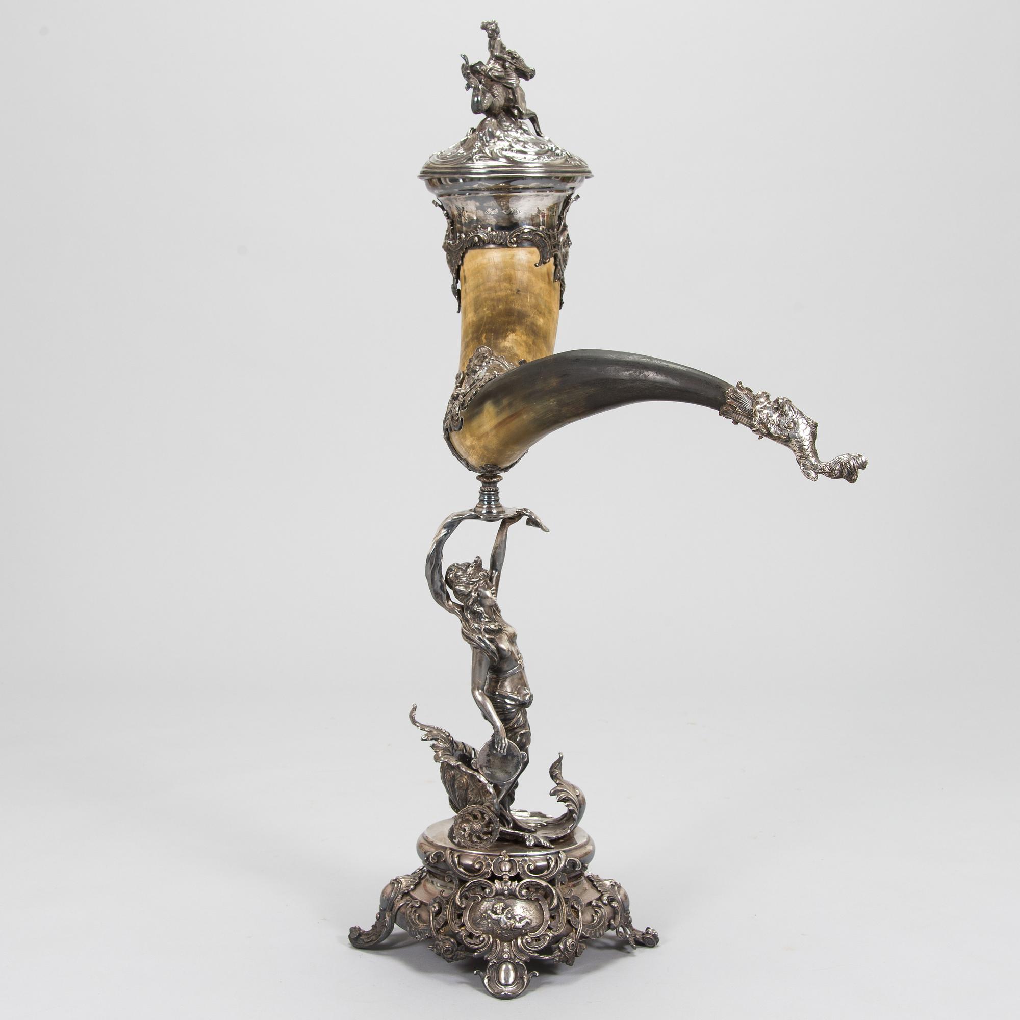 Silver-plated horn decoration, the end of 19th century. Height 93 cm.