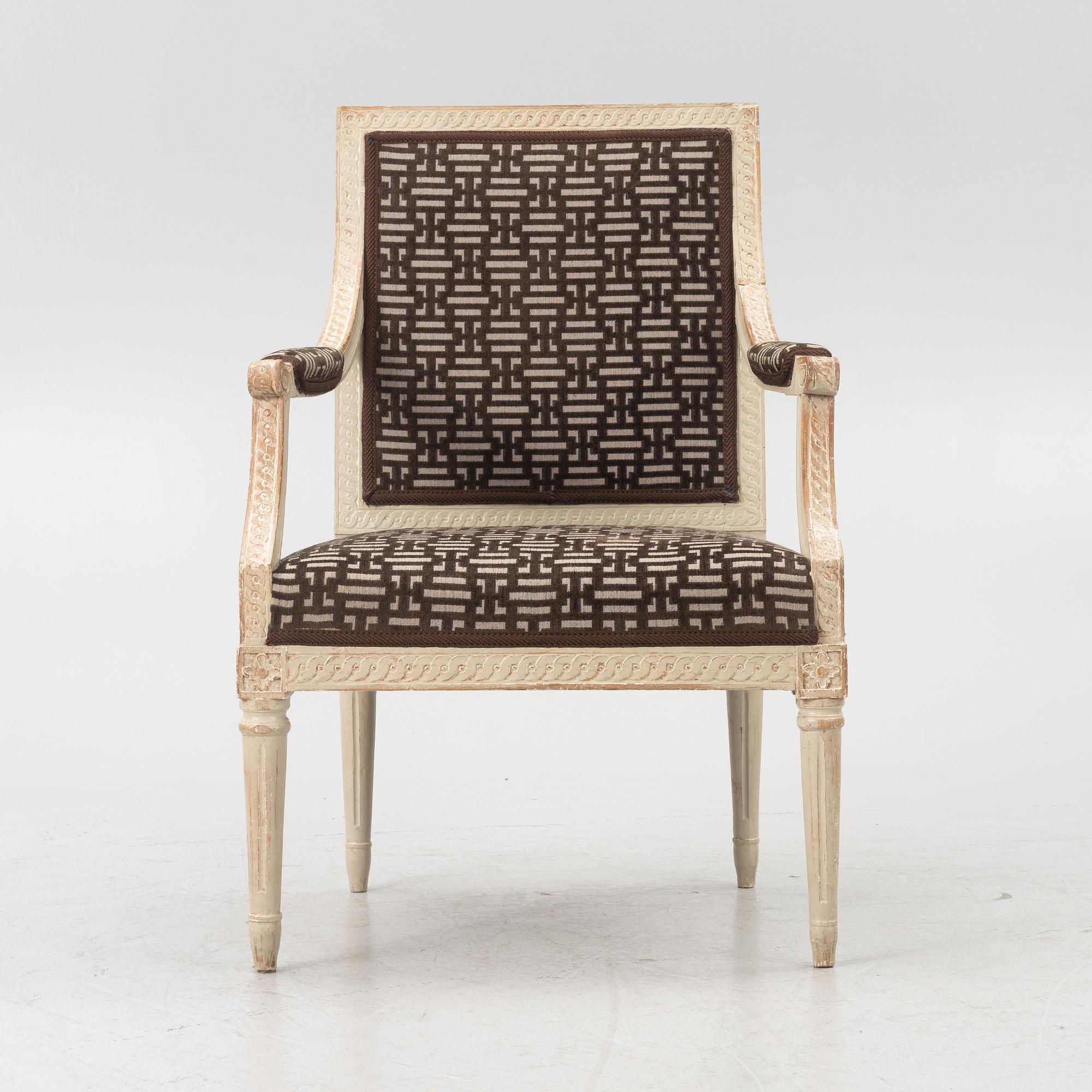 A Gustavian open armchair, Stockholm, late 18th century.