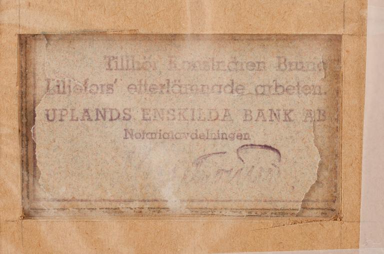 BRUNO LILJEFORS, Kol på papper, ca 1890-93, intygad med Uplands Enskilda Banks sterbhusstämpel a tergo.