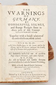 BÖCKER, 5 vol i en, bla "The Warnings of Germany by Wonderfull Signes.." av L. Brinckmair, London 1638.