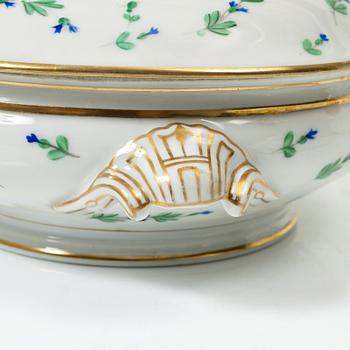 Five pieces of an Angoulême sprig pattern porcelain service, Pillivuyt & Cie, France, around 1900.