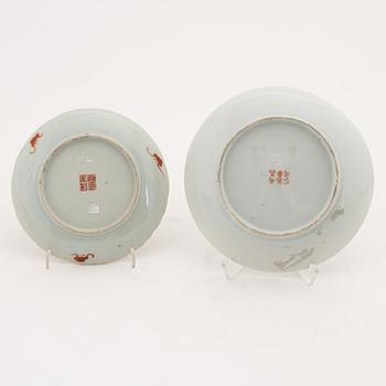 Two Chinese famille rose dishes and a bowl, 20th Century.