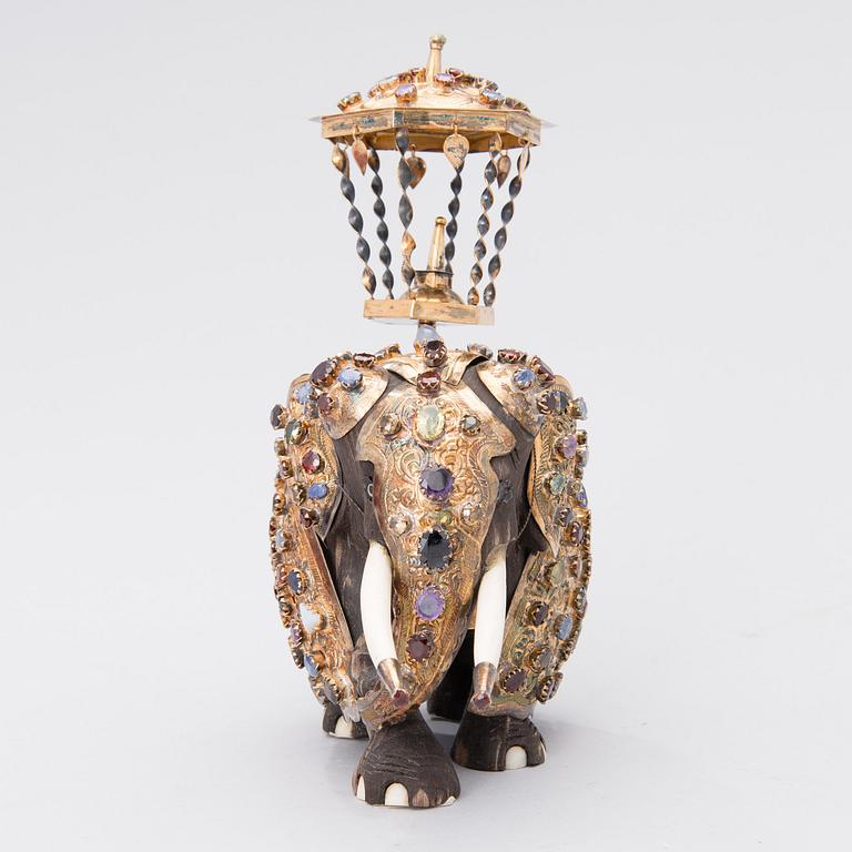 A SRI LANKAN ELEPHANT SCULPTURE, wood, silver and semi-precious stones, second half of the 20th century.
