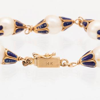 An 18K gold and enamel bracelet with cultured pearls.