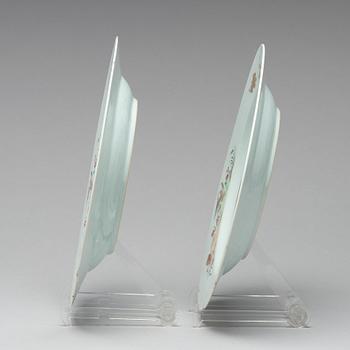 A pair of famille rose 'double peacock' dishes, Qing dynasty, Qianlong (1736-95).