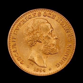 GULDMYNT, 10 kr, Oscar II, 1894. Vikt ca 4 g.