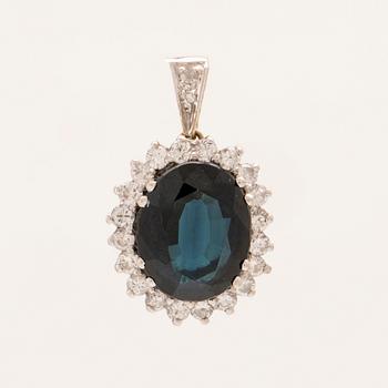 Pendant in 18K white gold with an oval faceted sapphire and round brilliant and single-cut diamonds.