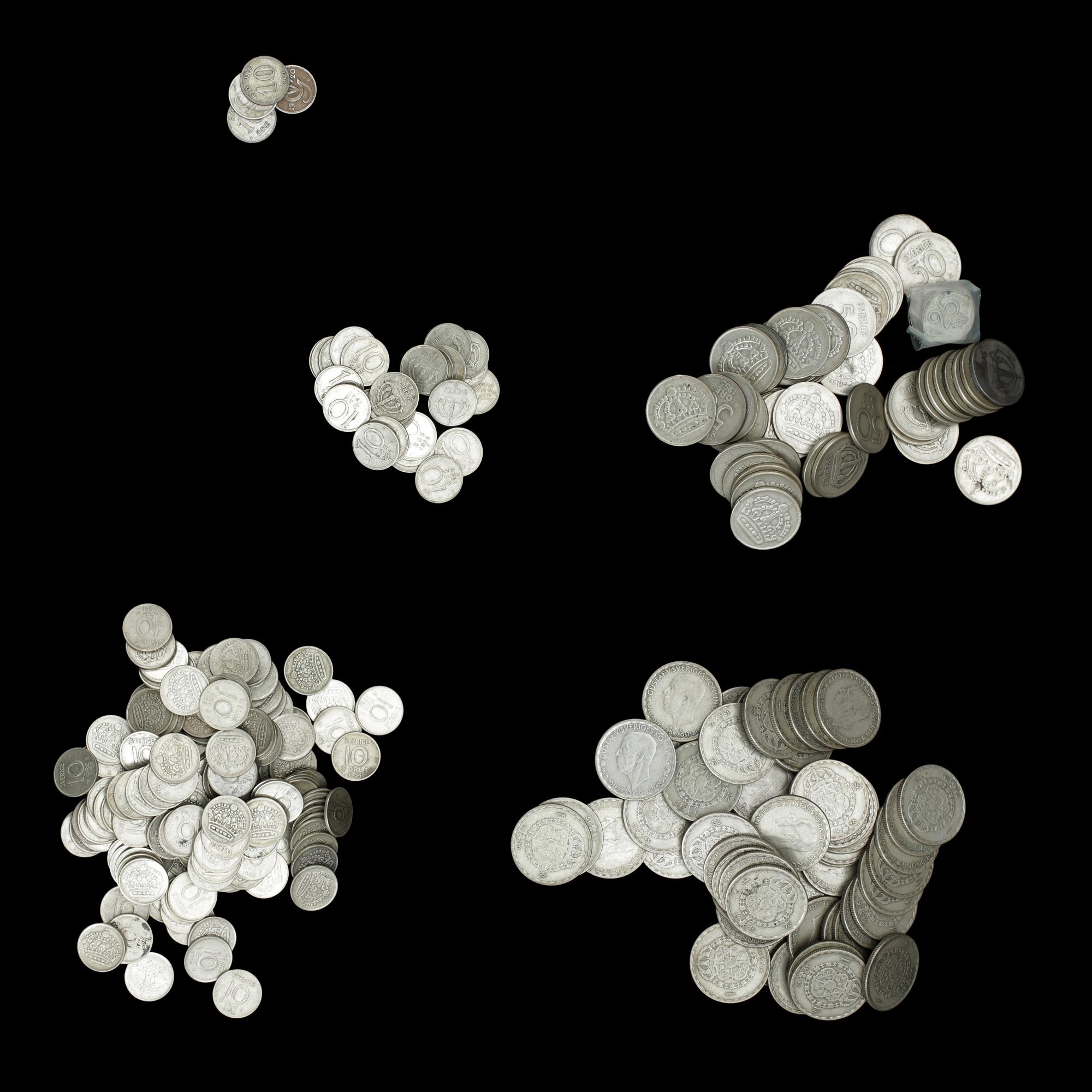 MYNT, 298 delar, silver, svenska, 1907-62. Vikt ca 905,7 g.