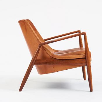 Ib Kofod-Larsen, a teak and cognac coloured leather 'Sälen' easy chair, Olof Perssons Fåtöljindustri (OPE), Sweden, 1950-60s.