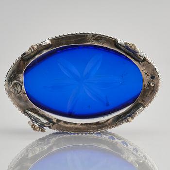 A pair of Swedish Gustavian 18th century silver and blue glass salt-cellars, marks of Olof Sedin, Gävle 1793.