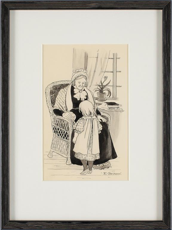 ELSA BESKOW, tuschlavering, sign.