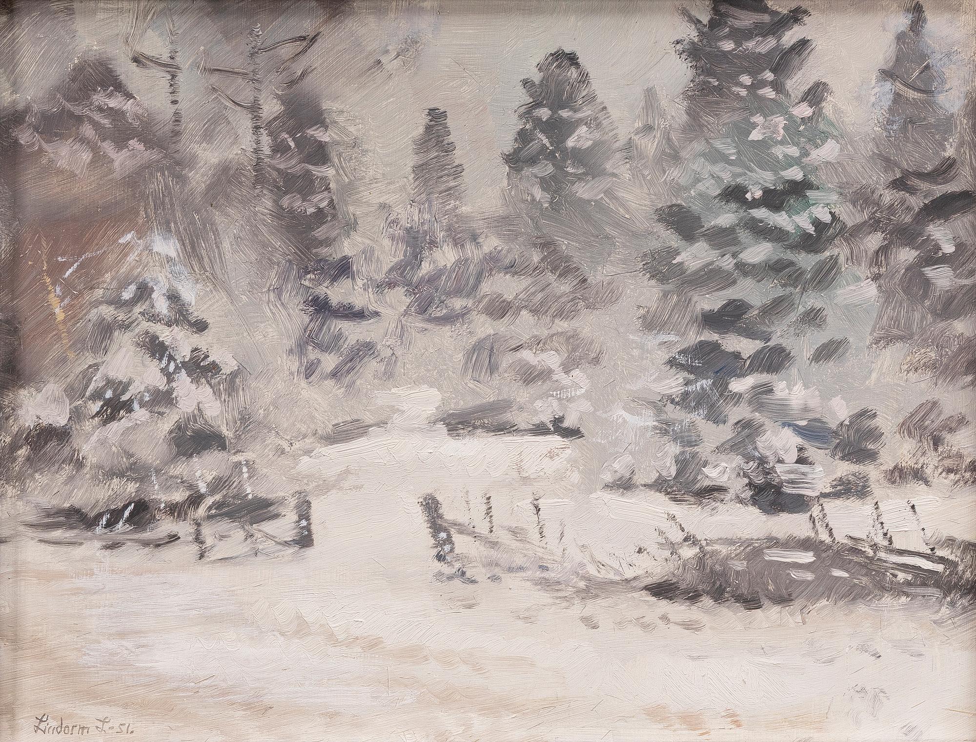 Lindorm Liljefors, Winter landscape with a wooden fence.