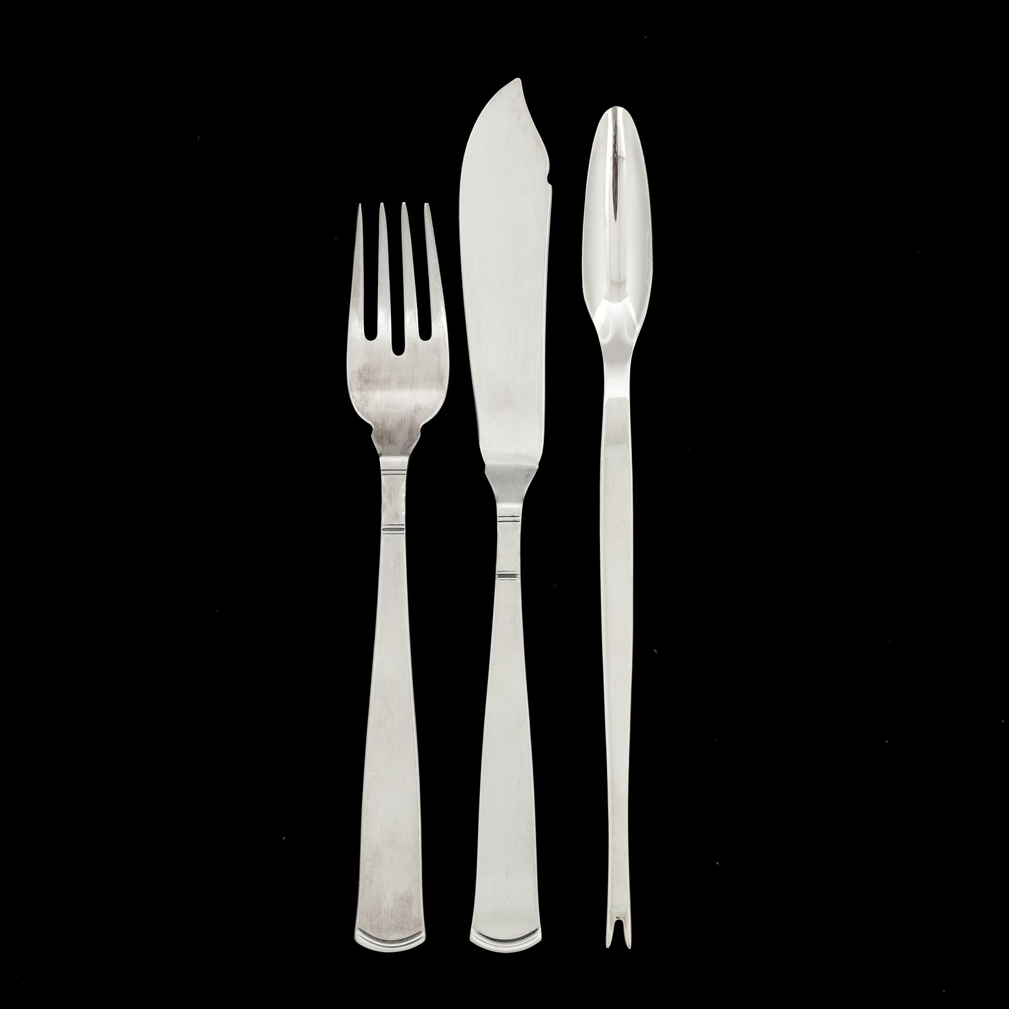 FISKBESTICK, 24 delar, silver, "Rosenholm", GAB, total vikt ca 890 g (inkl rostfria blad).