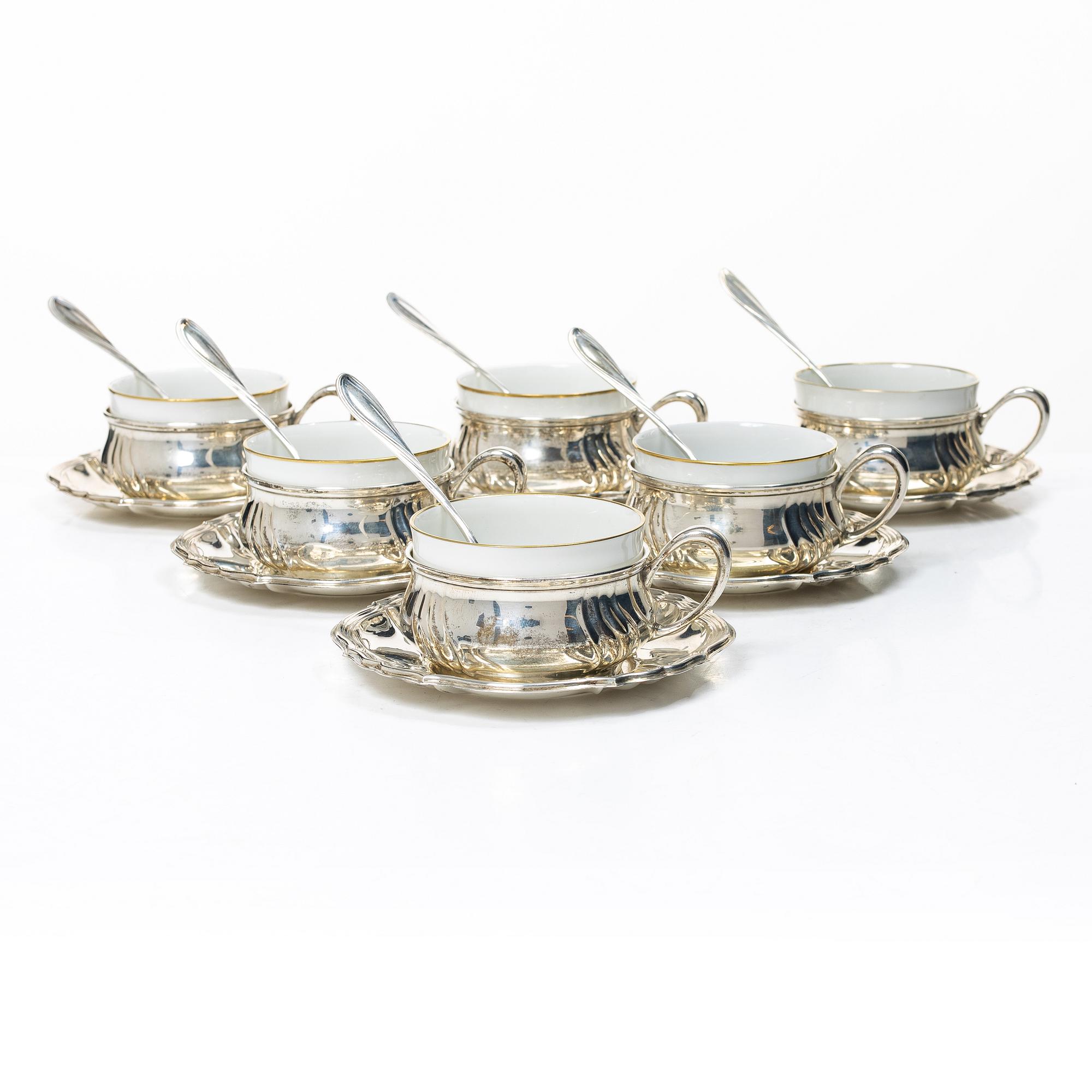 Coffee cups with saucers and spoons, 6 pcs, silver, MH Wilkens & Söhne, Bremen-Hemelingen, Germany, 20th century.