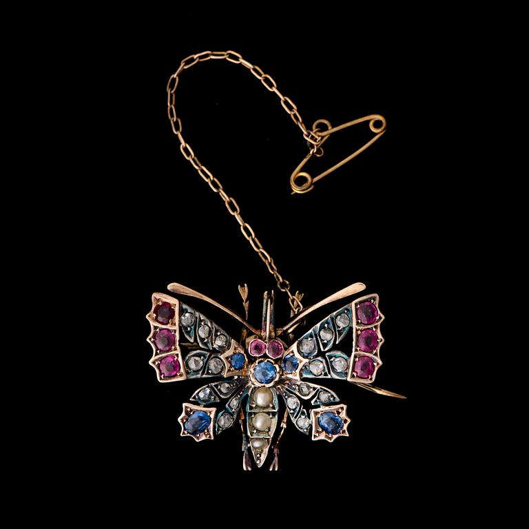 BROSCH, rosenslipade diamanter, fasettslipade safireroch rubiner, pärlor, 9K guld och silver.