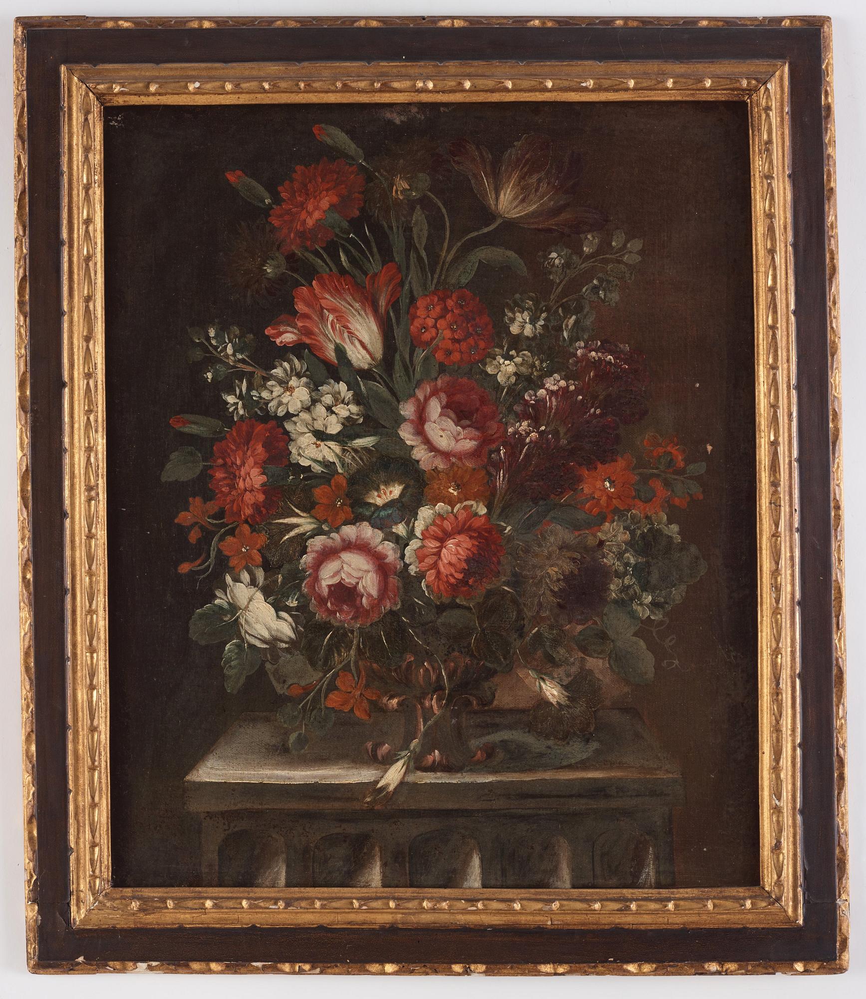 Abraham Mignon Hans krets, Blomsterstilleben på postament.