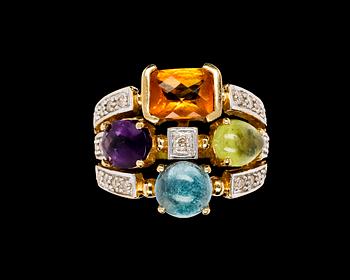 758. RING, citrin, ametist, akvamarin, peridot samt briljantslipade diamanter, tot. ca 0,40 ct.