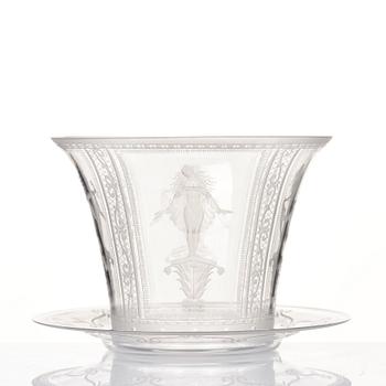 Simon Gate, an glass bowl with plate, Orrefors 1924, engraved by Karl Müller.