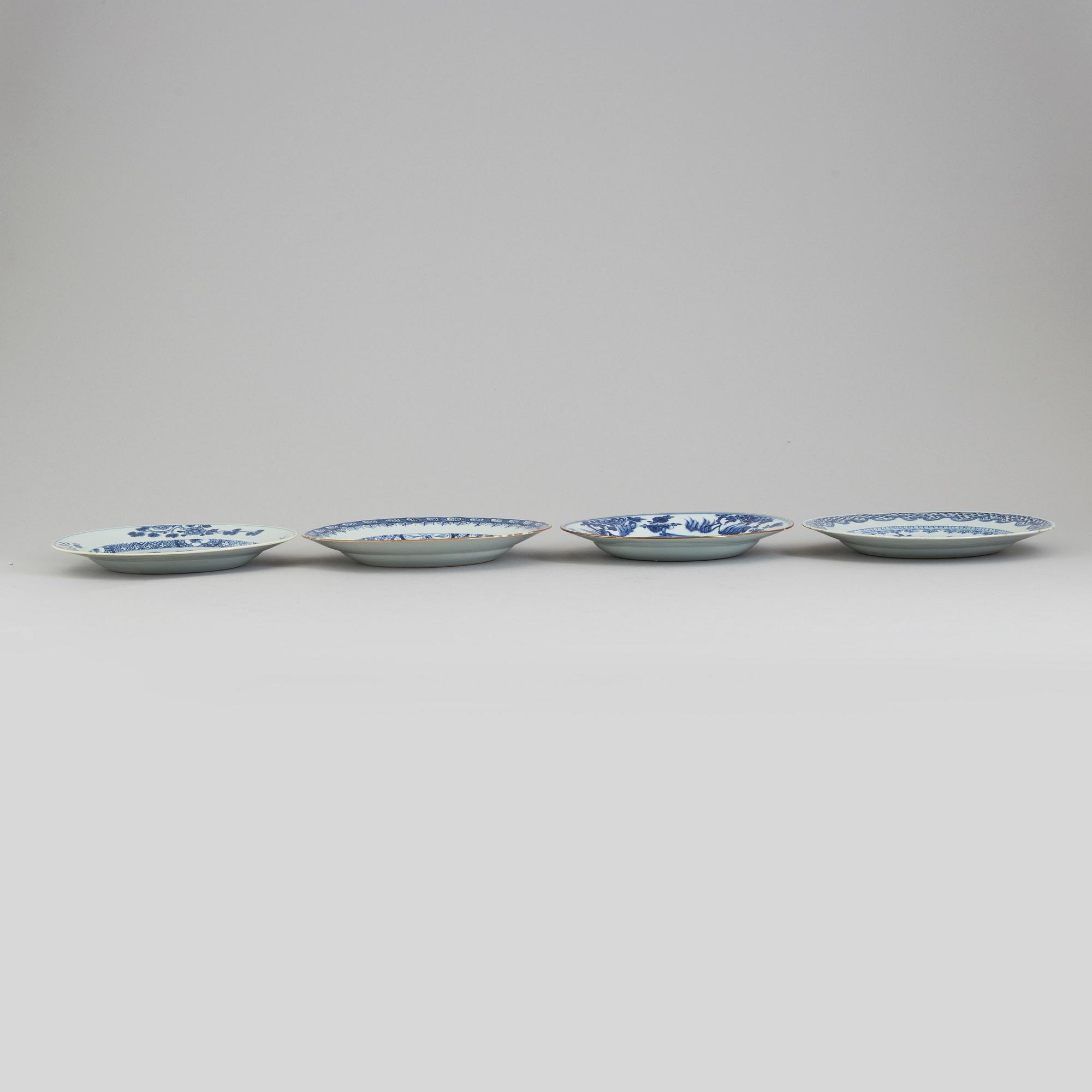 Four blue and white export porcelain plates, Qing dynasty, Qianlong (1736-95).