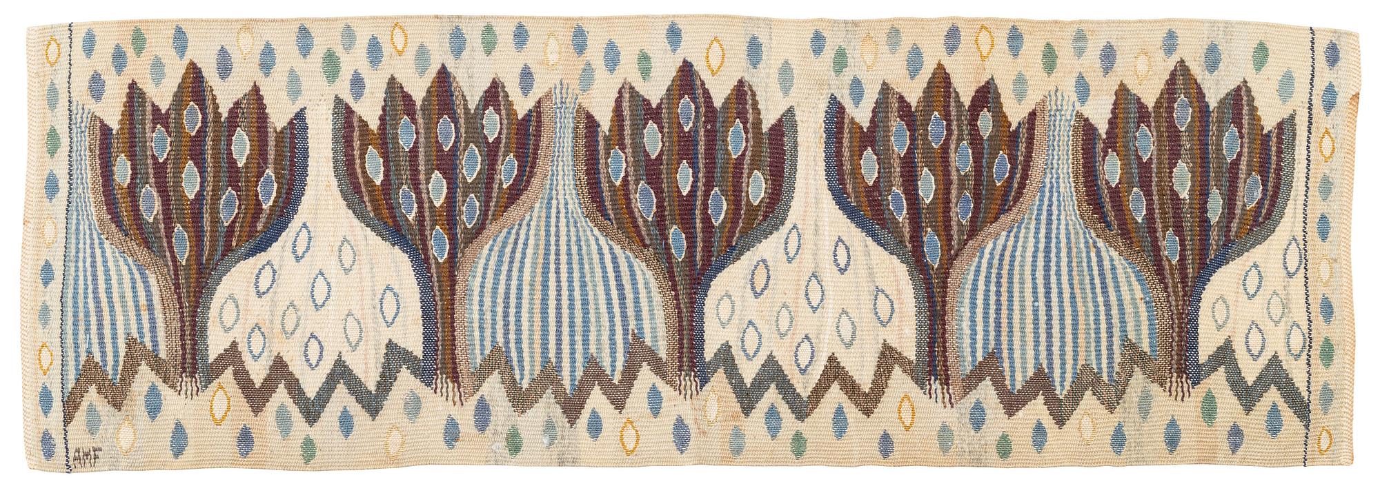 Ann-Mari Forsberg, a textile, 'Blå Crocus', a tapestry variant, c 92,5 x 31 cm, signed AMF.