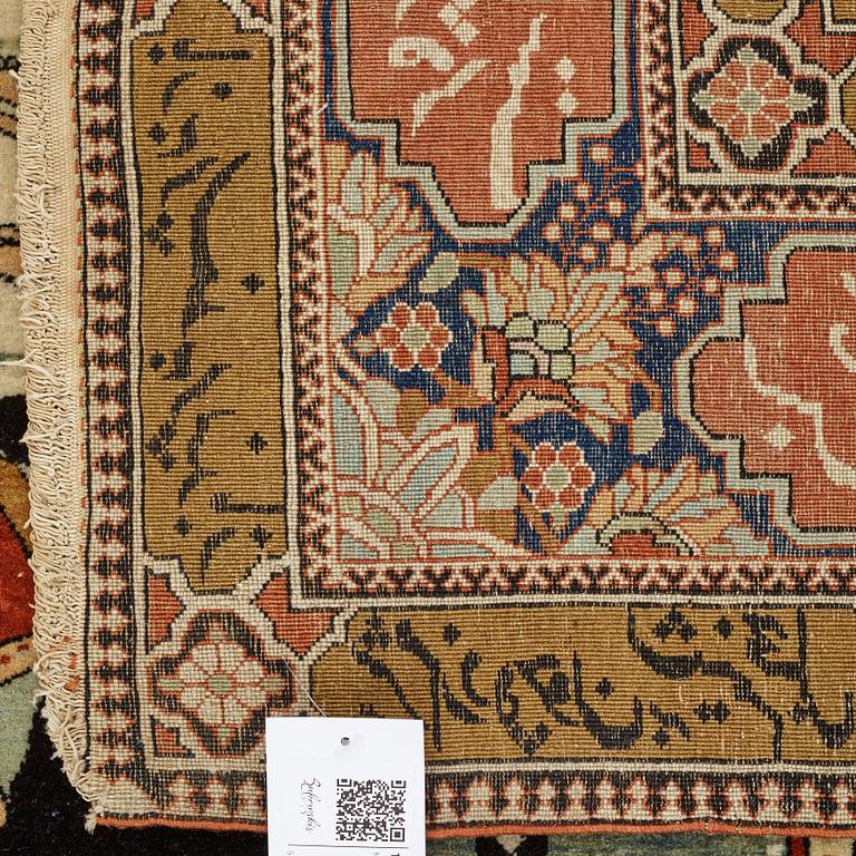 A RUG, a semi-antique Kashan figural, possibly Motachem, ca 202 x 140 cm.