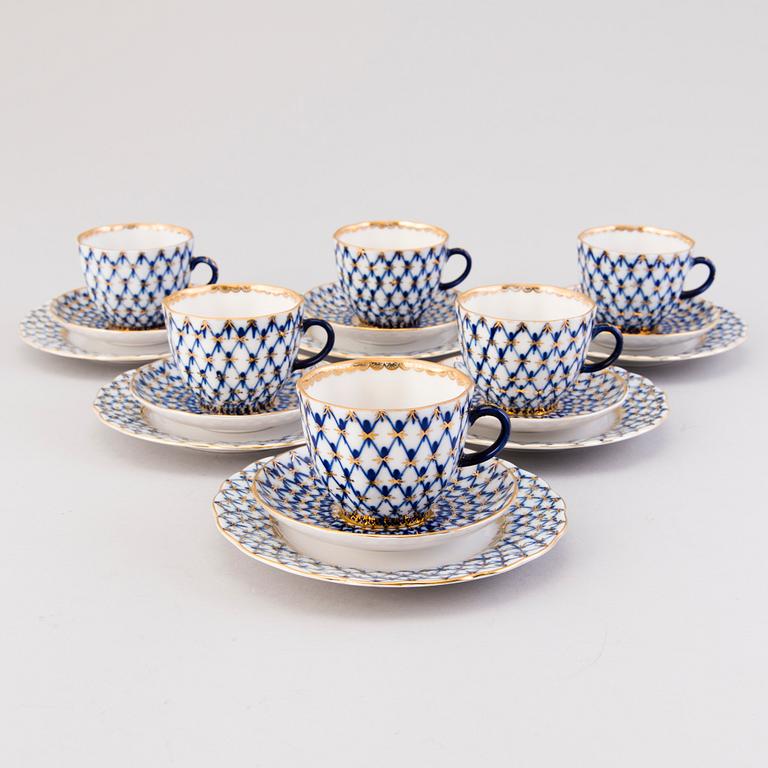 A 22-piece Lomonosov Cobalt Net porcelain set for coffee and tea, USSR.