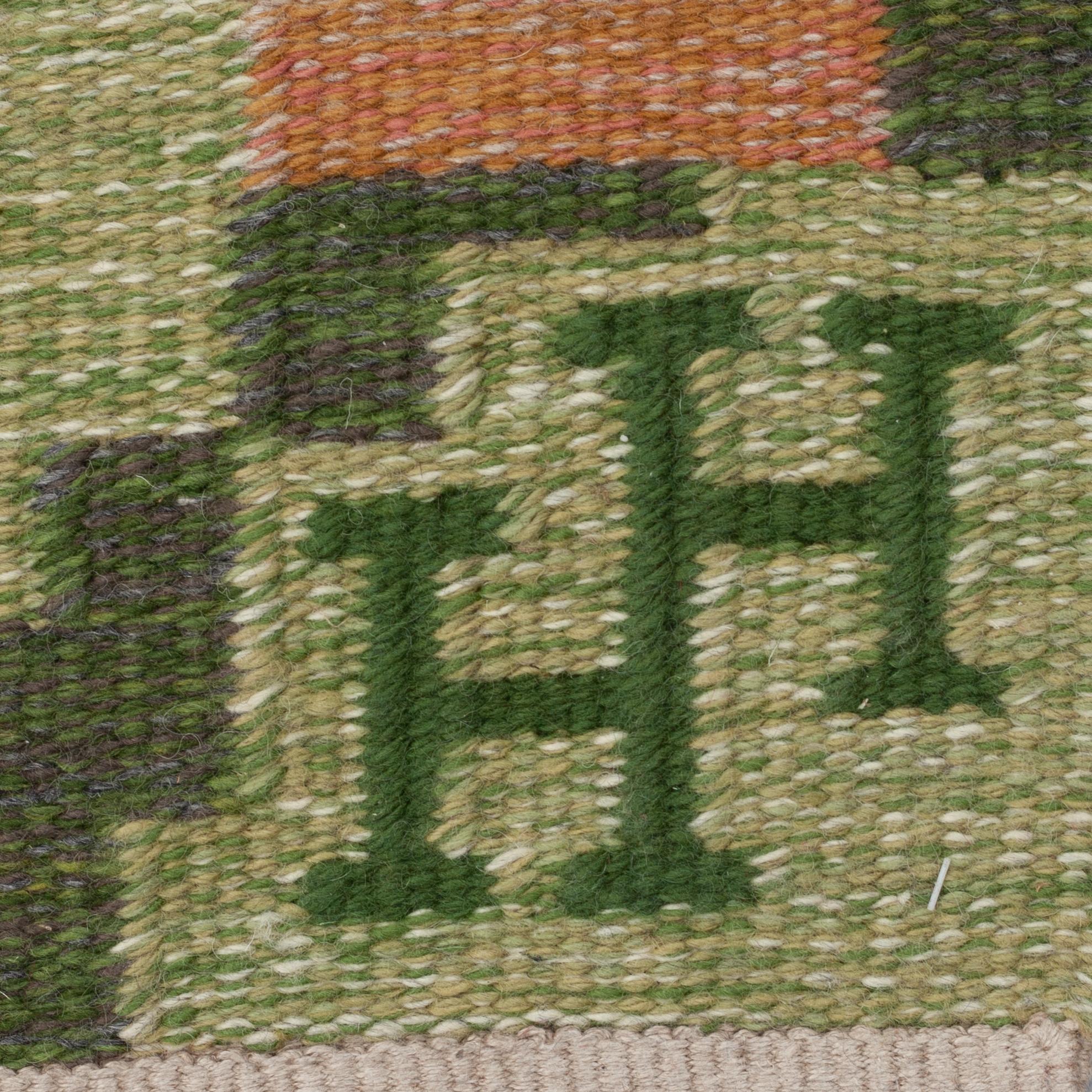 MATTO, "Gaia", flat weave, ca 238 x 170 cm, the inscription HH for  Helge Hamnert who ordered the carpet.