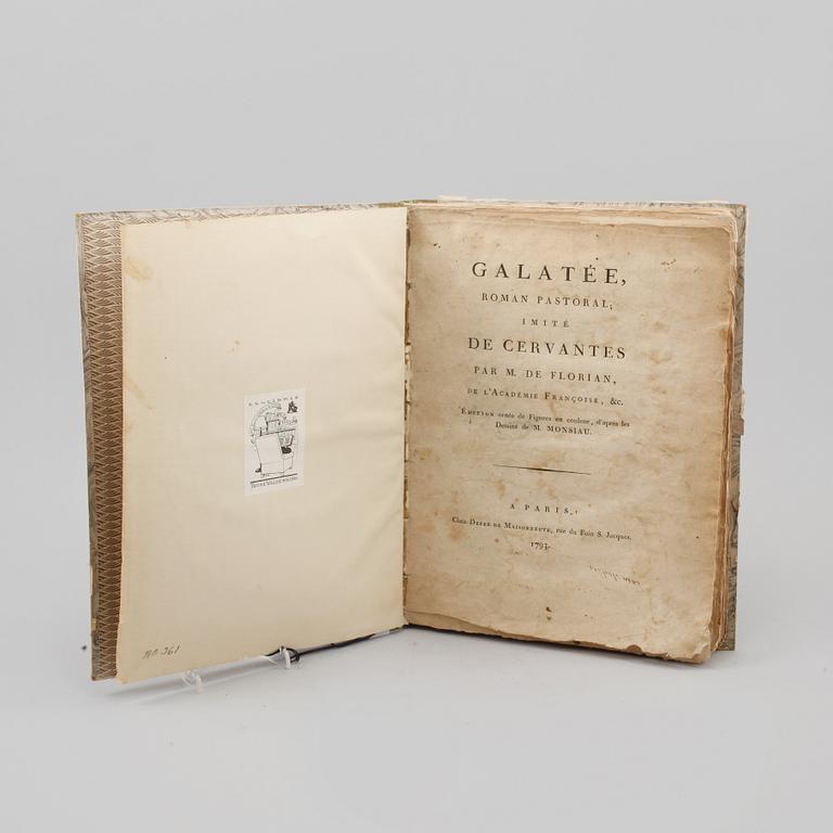 BOK, "Galatée, roman pastoral; imité de Cervantes", M de Florian, med 4 färggravyrer av M. Monsiau, Paris 1793.