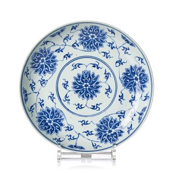 1338. A blue and white 'lotus' dish, Qing dynasty, 19th century with a mark.