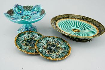 Thirteen majolica pieces from around year 1900.