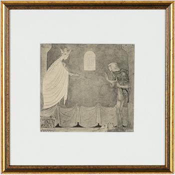 John Bauer, "Han såg den heliga jungfrun böja sig ned och taga av sig den ena skon, som hon med ett hult leende...".