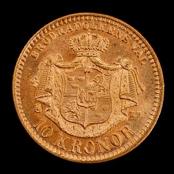 GULDMYNT, Oscar II, 10 kr, 1883. Vikt ca 4 g.