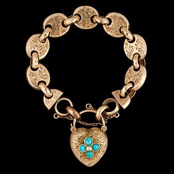1291. A gold and turqouise bracelet, c. 1870.