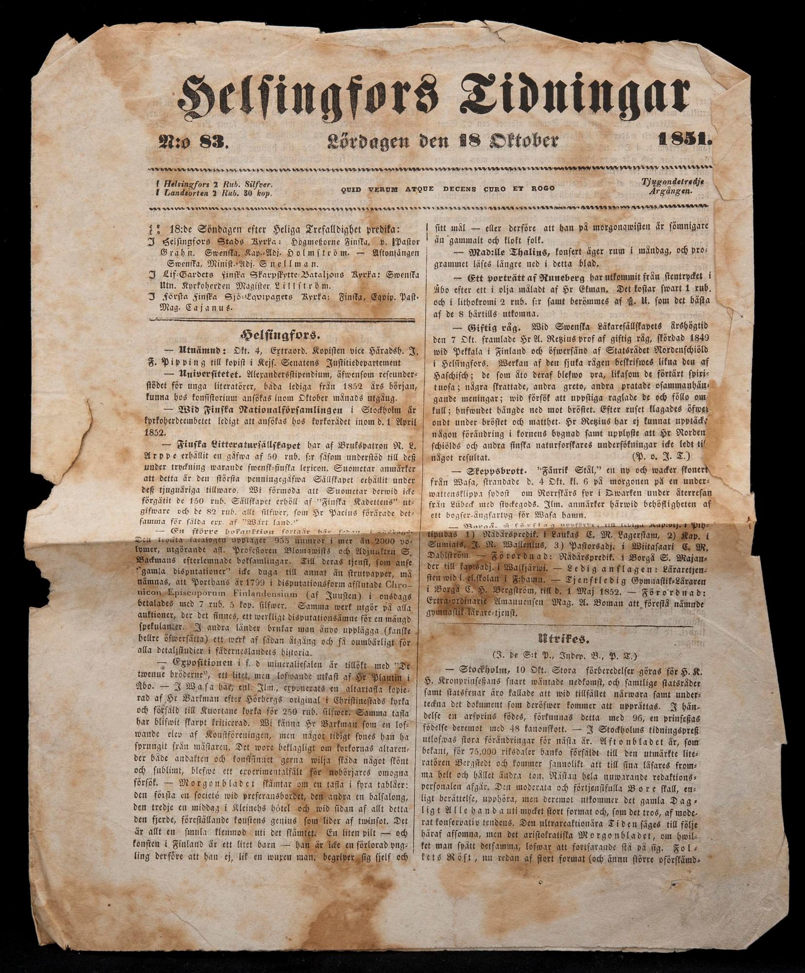 TIDNINGAR, 8 st, Hufvudstadsbladet, Helsingfors Tidningar m.fl. Helsingfors 1829-1881.