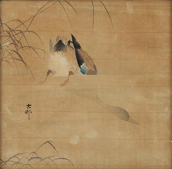 Different artists, two colour woodblock prints, one print on silk, Japan, 20th century.