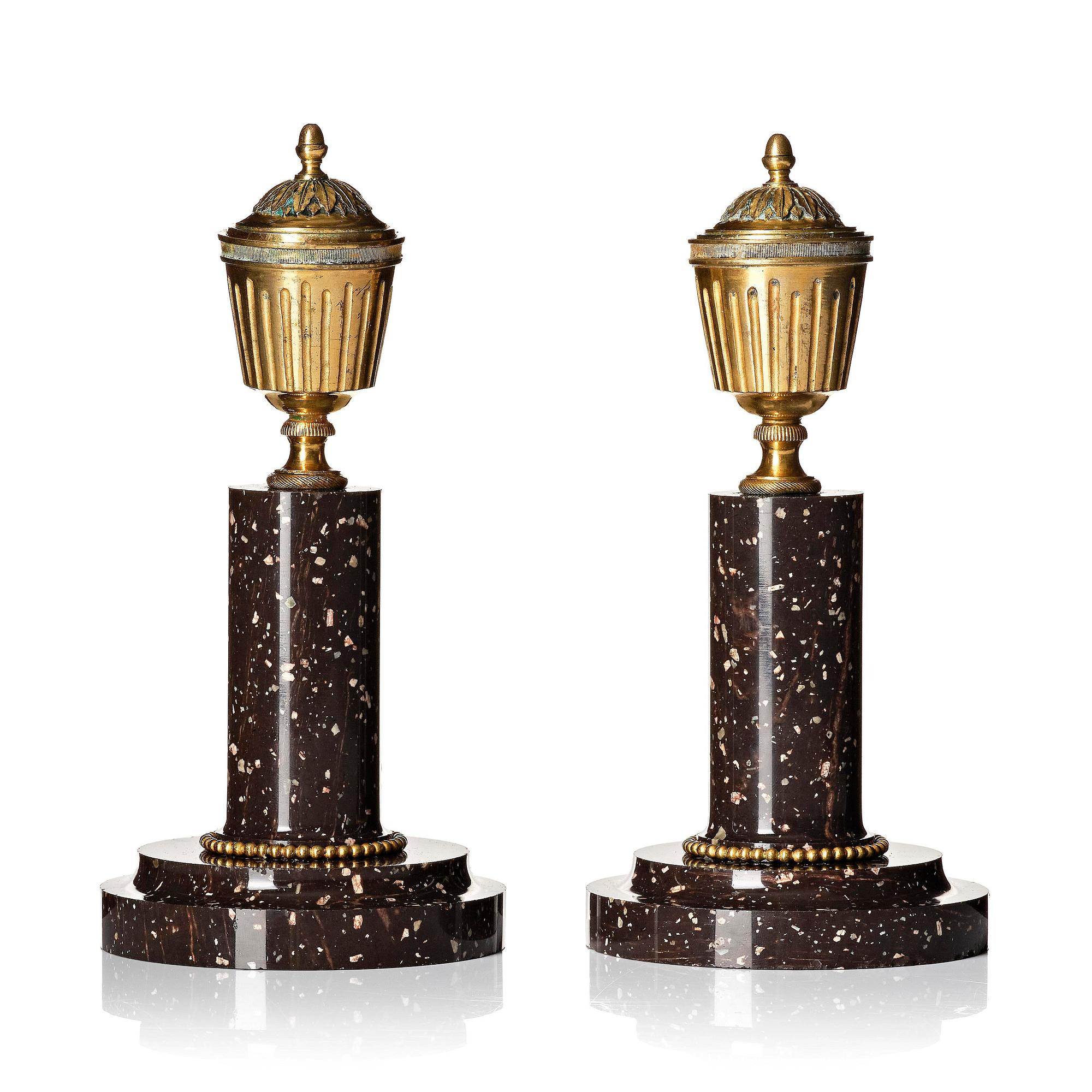 A pair of late Gustavian Swedish porphyry and ormolu cassolettes.