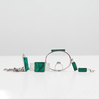 A Wiwen Nilsson set of six pieces of silver and malachite jewellery, Lund Sweden 1934-66.