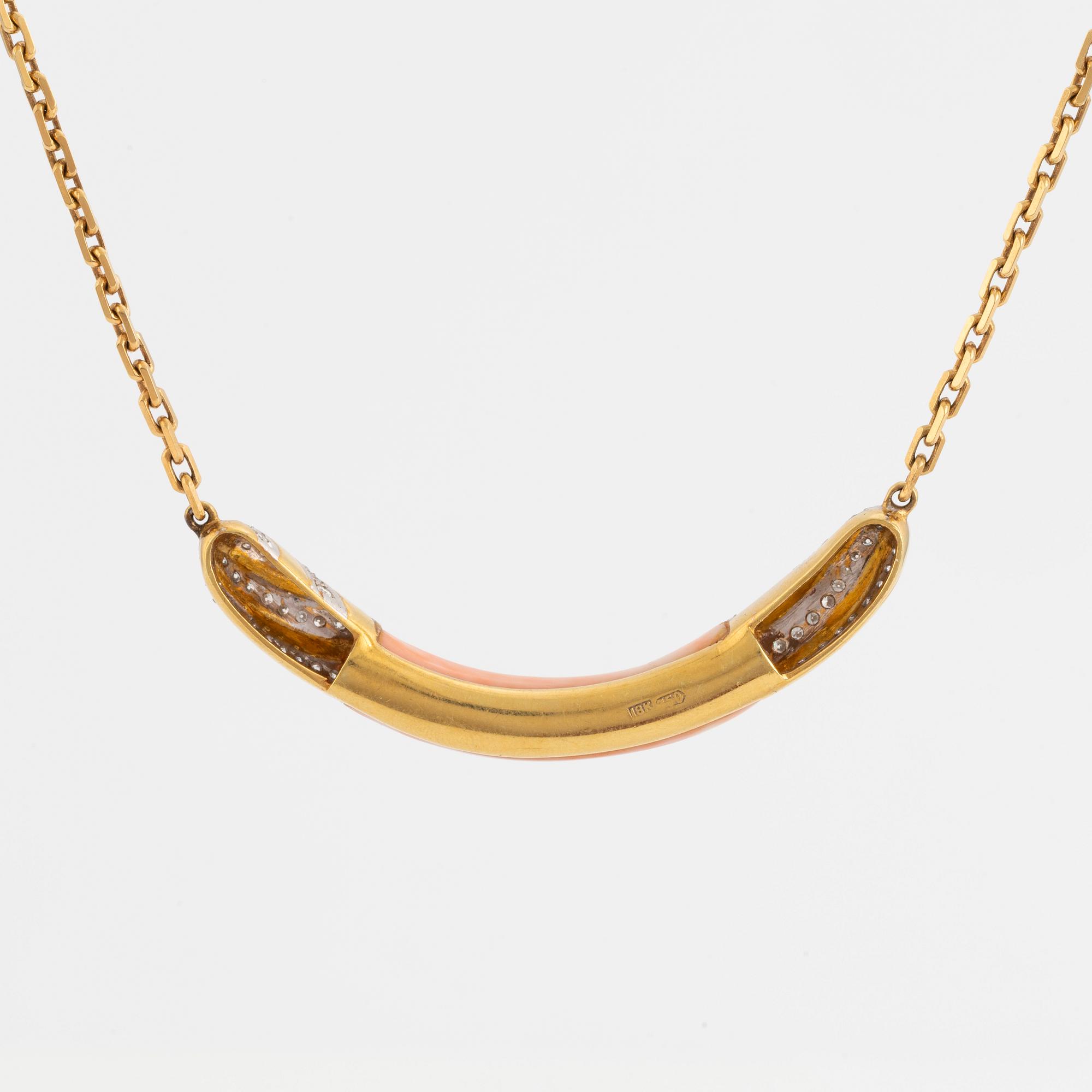 Coral and brilliant cut diamond necklace.