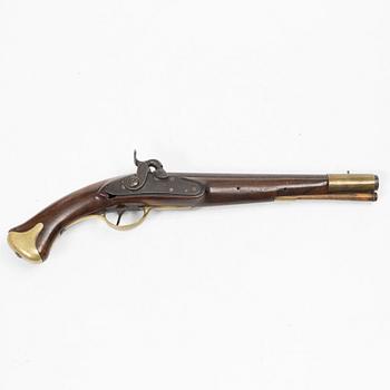 A military percussion pistol 19th century. Converted from flintlock, marked Malherbes, fabr d'armes a Liege.