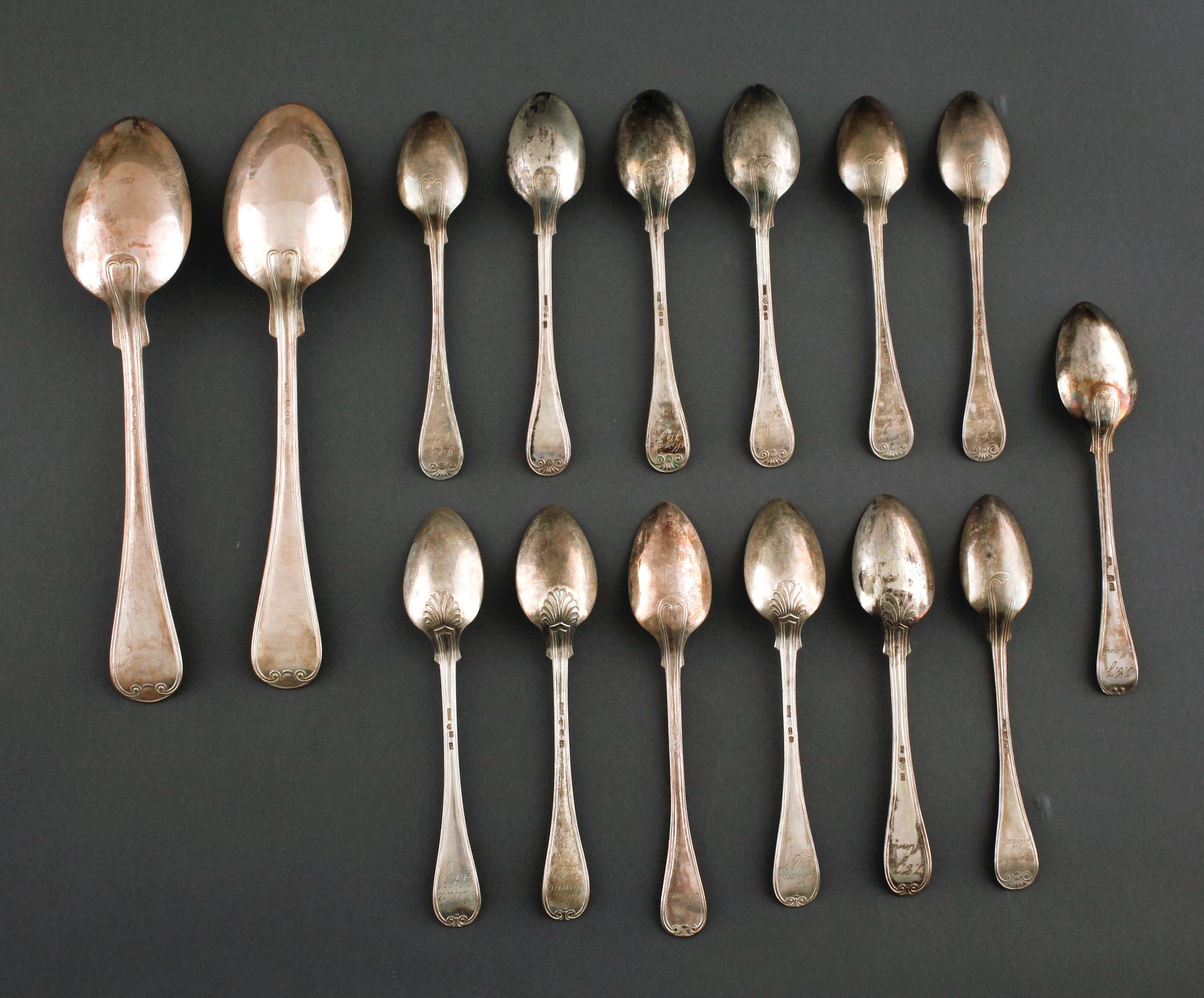 A silver set of table ware, 27 pcs, 19th and 20th century.